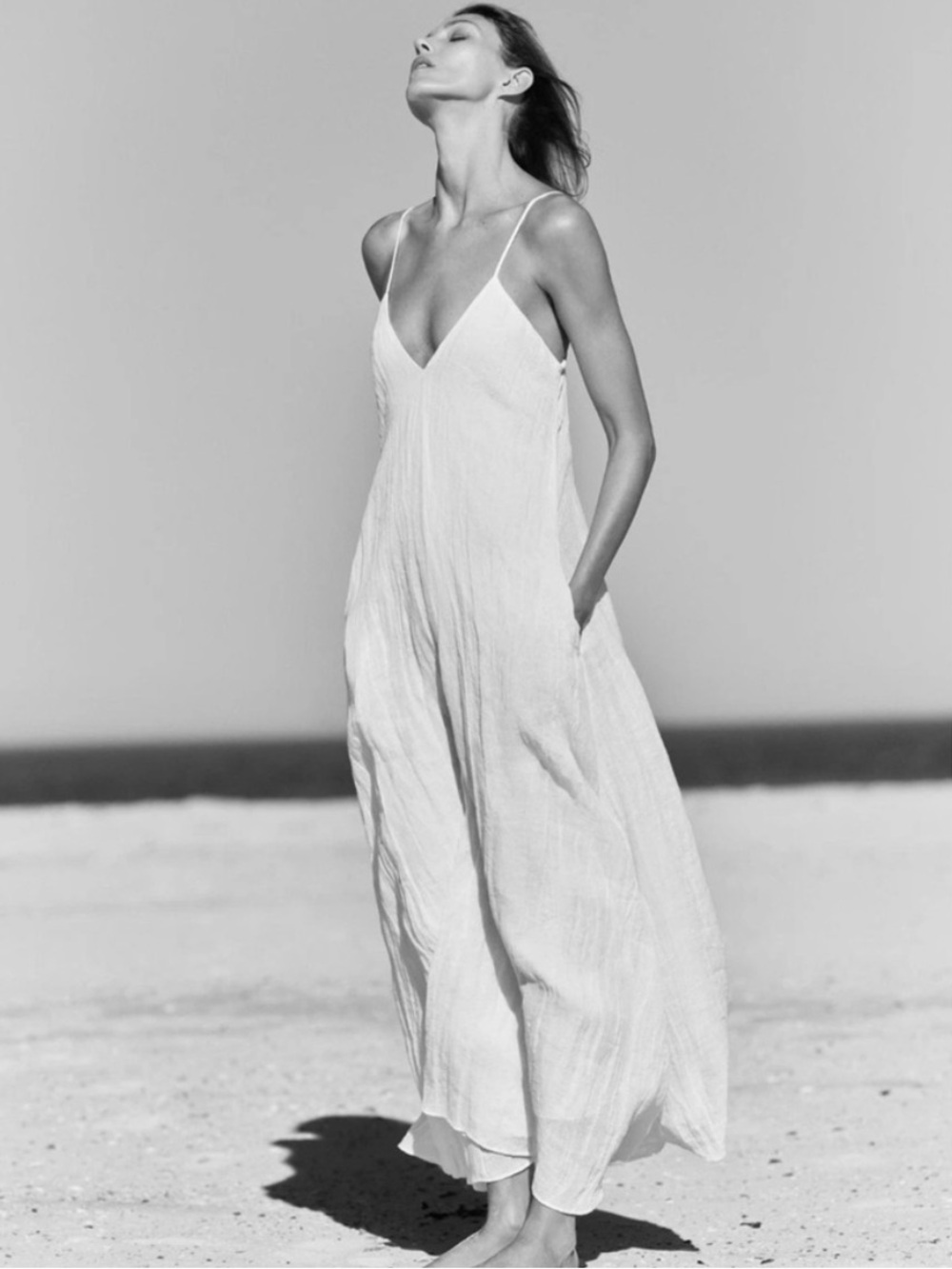 Zara White V-Neck Linen-Blend Maxi Jumpsuit